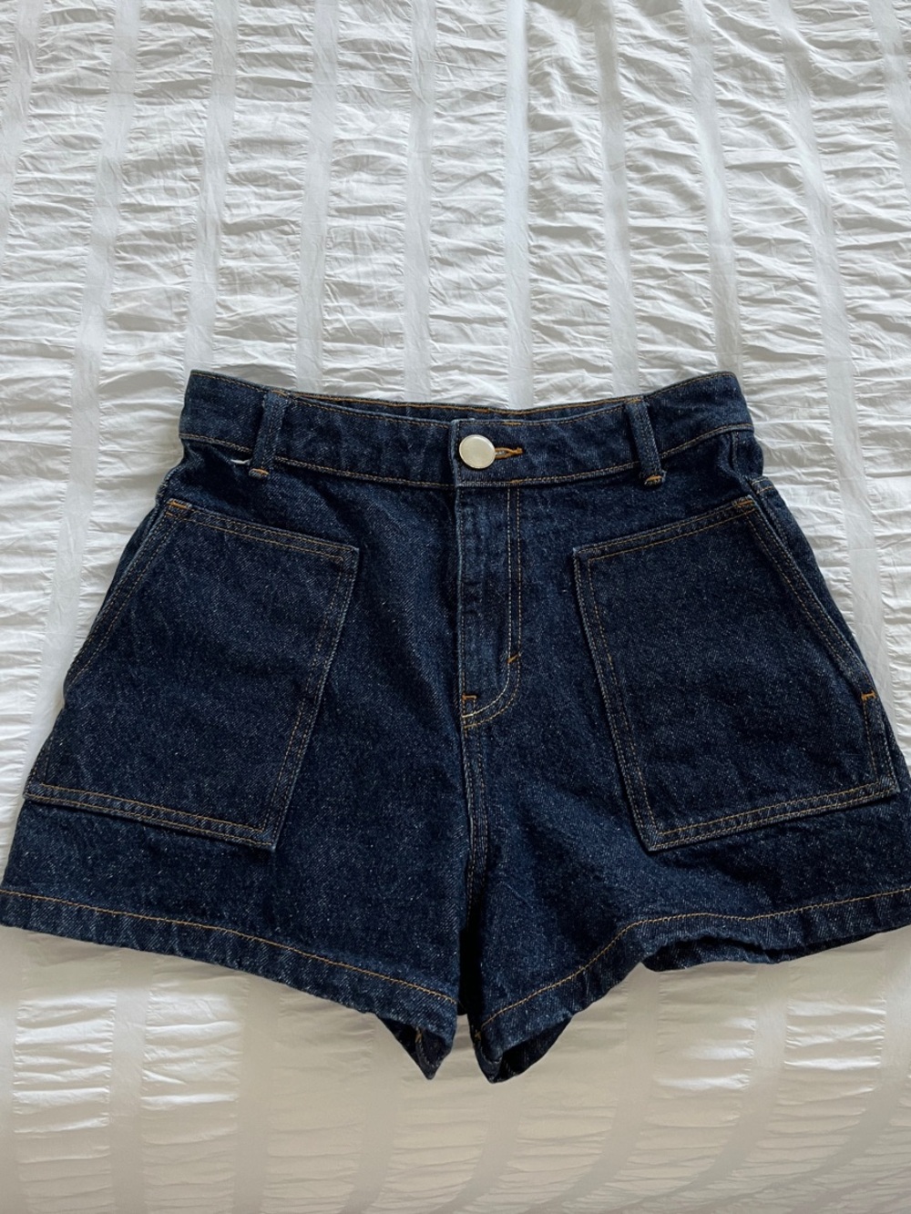 Zara Dark Blue High-Rise Denim Shorts with Front Patch Pockets